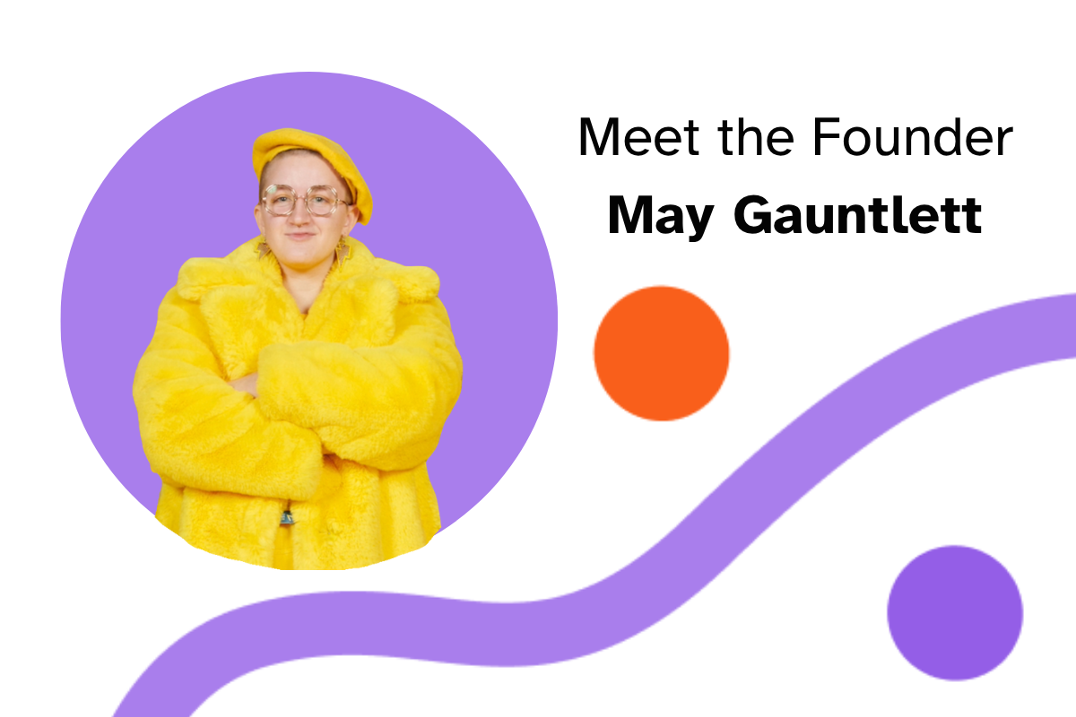 Image of May Gauntlett wearing a yellow coat and berret hat and glasses on a purple circle background.